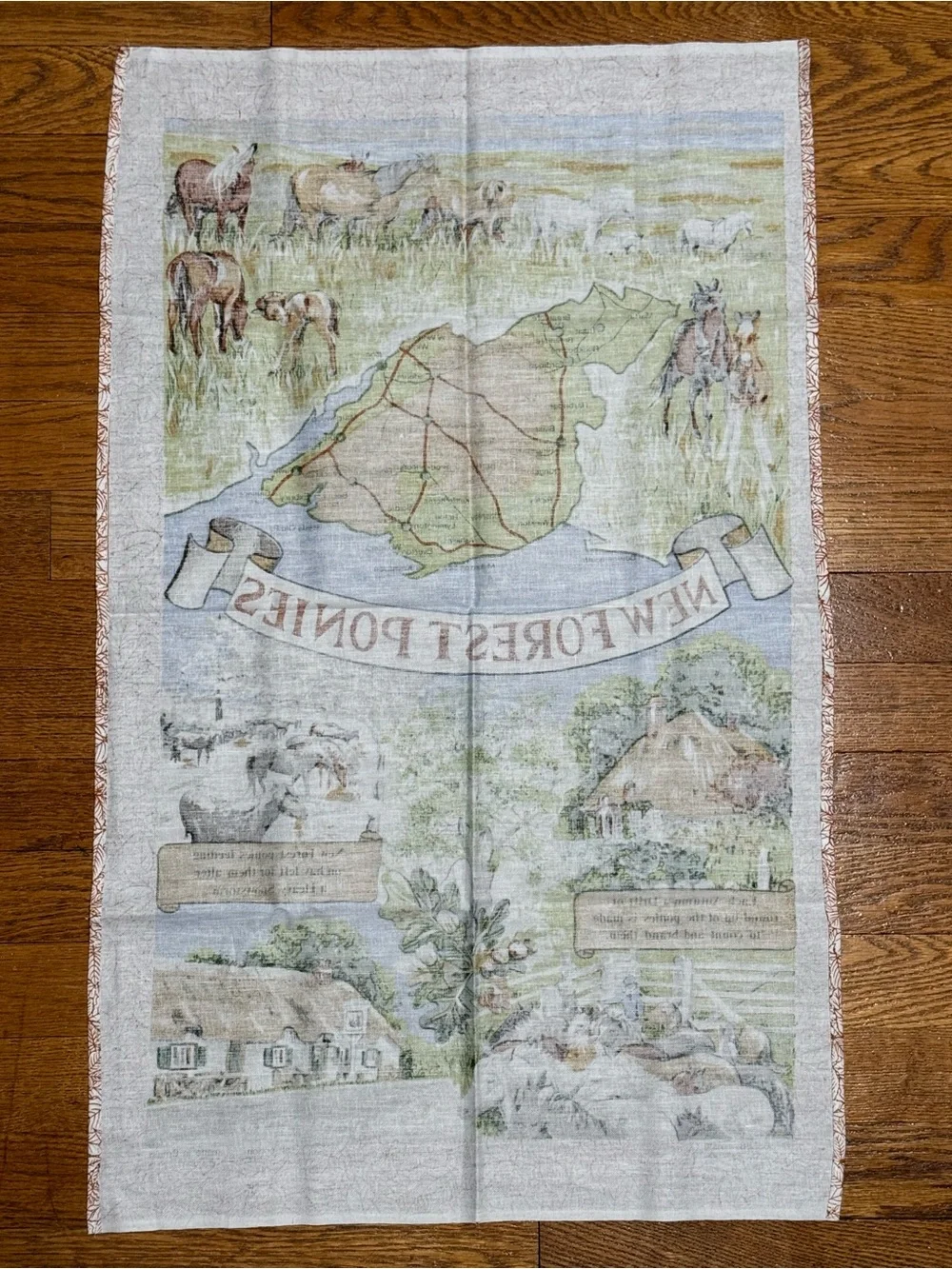 VTG New Forest Ponies Souvenir Tea Towel All Cotton Made in Britain Map (Vista)